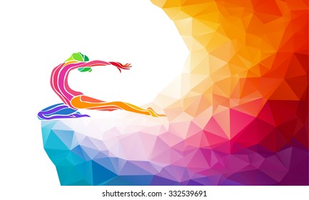 Creative silhouette of gymnastic girl. Art gymnastics, colorful vector illustration with background or banner template in trendy abstract colorful polygon style and rainbow back