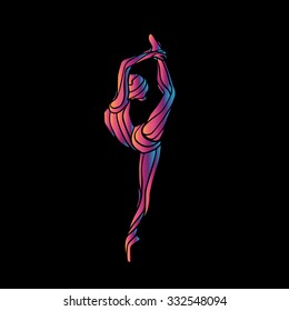 Creative silhouette of gymnastic girl. Art gymnastics, colorful vector illustration with background or banner template in trendy abstract colorful polygon style and rainbow back