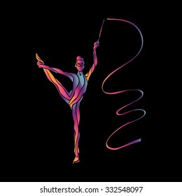 Creative silhouette of gymnastic girl. Art gymnastics with ribbon, illustration or banner template in trendy abstract colorful neon waves style on black background