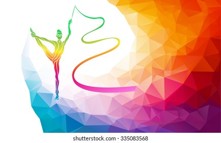 Creative silhouette of gymnastic girl. Art gymnastics with ribbon, colorful vector illustration with background or banner template in trendy abstract colorful polygon style and rainbow back