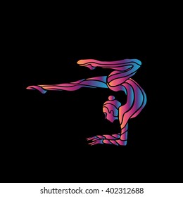 Creative silhouette of gymnastic girl. Art gymnastics woman, illustration or banner template in trendy abstract colorful neon waves style on black background