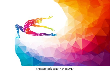 Creative silhouette of gymnastic girl. Art gymnastics, colorful vector illustration with background or banner template in trendy abstract colorful polygon style and rainbow back