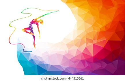 Creative silhouette of gymnastic girl. Art gymnastics with ribbon, colorful vector illustration with background or banner template in trendy abstract colorful polygon style and rainbow back