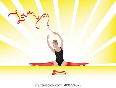 Creative silhouette of gymnastic girl. gymnast with ribbon.
performance gymnast. Love you. 3D light.