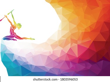 Creative silhouette of gymnastic girl. Rhythmic gymnastics with clubs, colorful vector illustration with background or banner template in trendy abstract colorful polygon style and rainbow back