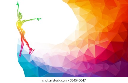 Creative silhouette of ice skating girl. Ice show, colorful vector illustration with background or banner template in trendy abstract colorful polygon style and rainbow back