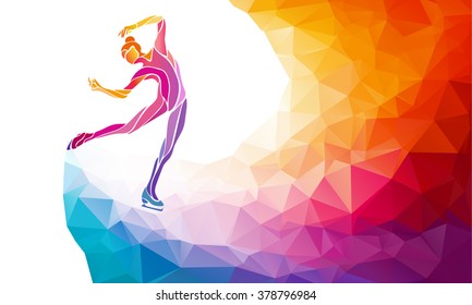 Creative silhouette of ice skating girl on multicolor back