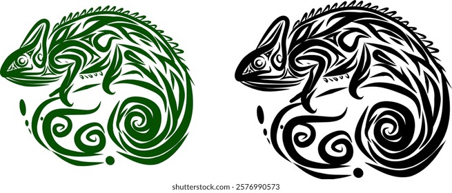 Creative silhouette illustration vector two chameleon design. Both illustrations are done in a tribal style, with intricate patterns and lines covering