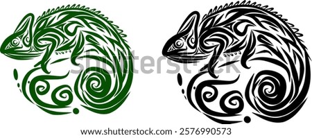 Creative silhouette illustration vector two chameleon design. Both illustrations are done in a tribal style, with intricate patterns and lines covering