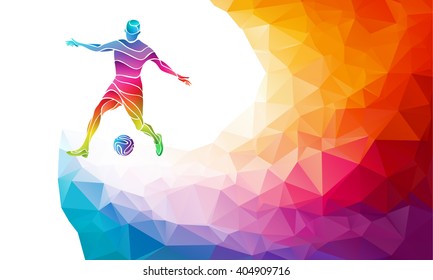 Creative silhouette of soccer player. Football player kicks the ball in trendy abstract colorful polygon style with rainbow back