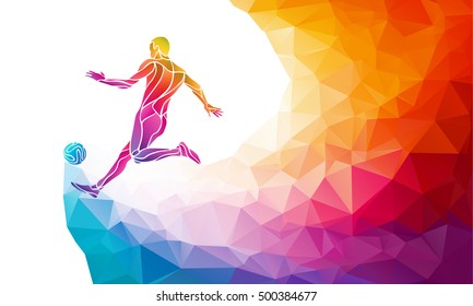 Creative silhouette of soccer player. Football player kicks the ball in trendy abstract colorful polygon style with rainbow back