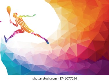 Creative silhouette of squash player. Racquet sport vector illustration or banner template in trendy abstract colorful polygon style with rainbow back