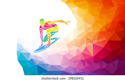 Creative silhouette of surfer. Art gymnastics, colorful vector illustration with background or banner template in trendy abstract colorful polygon style and rainbow back