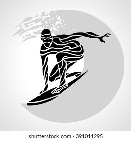 Creative silhouette of surfer. Isolated surfing man with wave - vector clipart illustration