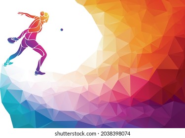 Creative silhouette of table tennis female player. Ping-pong, colorful vector illustration with background or banner template in trendy abstract colorful polygon style and rainbow back