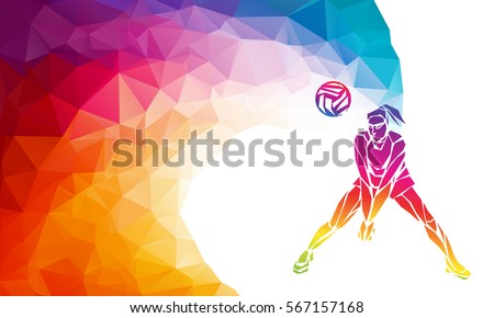 Creative silhouette of volleyball player receiving a ball. Beach sport, colorful vector illustration or banner template in trendy abstract colorful polygon geometric style and rainbow back