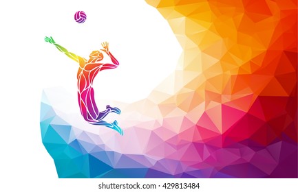 Creative silhouette of volleyball player. Team sport vector illustration or banner template in trendy abstract colorful polygon style with rainbow back