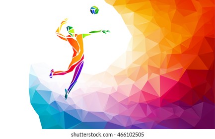 Creative silhouette of volleyball player. Team sport vector illustration or banner template in trendy abstract colorful polygon style with rainbow back