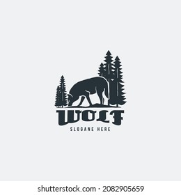 creative silhouette wolf in jungle logo design vector illustration with simple, flat and unique styles. 
