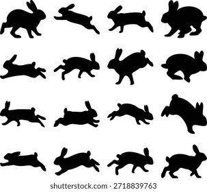 Siluetas creativas de conejos en varias poses y acciones aisladas sobre fondo transparente perfecto para ilustrar temas relacionados con los animales, la naturaleza y la vida silvestre