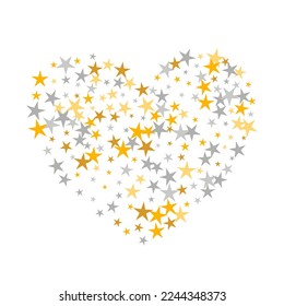 Estrellas creativas de plata y oro cayendo en papel pintado de dispersión. El pequeño polvo de estrellas hace que los elementos de decoración navideña sean un verdadero espanto. Estrellas aisladas cayendo en el diseño. Decoración de enhorabuena por partículas de sílice.