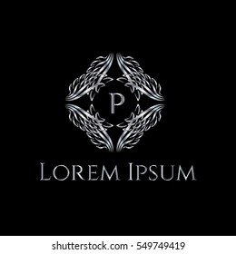 Creative silver Luxury Letter Logo. P letter monogram for boutique, restaurant, hotel, fashion store (sign, symbol, icon, label, emblem). Wings silver frame. Angel wings  illustration
