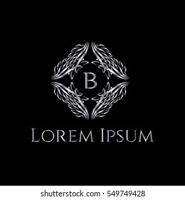 Creative silver Luxury Letter Logo. B letter monogram for boutique, restaurant, hotel, fashion store (sign, symbol, icon, label, emblem). Wings silver frame. Angel wings  illustration