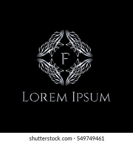 Creative silver Luxury Letter Logo. F letter monogram for boutique, restaurant, hotel, fashion store (sign, symbol, icon, label, emblem). Wings silver frame. Angel wings  illustration