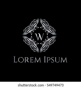 Creative silver Luxury Letter Logo. W letter monogram for , restaurant, hotel, fashion store (sign, symbol, icon, label, emblem). Wings silver frame. Angel wings  illustration