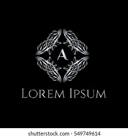 Creative silver Luxury Letter Logo. A letter monogram for boutique, restaurant, hotel, fashion store (sign, symbol, icon, label, emblem). Wings silver frame. Angel wings  illustration