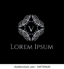 Creative silver Luxury Letter Logo. V letter monogram for , restaurant, hotel, fashion store (sign, symbol, icon, label, emblem). Wings silver frame. Angel wings  illustration