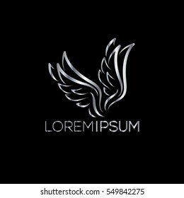 Creative silver Luxury Logo.  monogram for boutique, restaurant, hotel, fashion store (sign, symbol, icon, label, emblem). Wings silver frame. Angel wings  illustration
