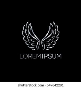 Creative silver Luxury Logo.  monogram for boutique, restaurant, hotel, fashion store (sign, symbol, icon, label, emblem). Wings silver frame. Angel wings  illustration