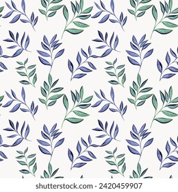Creative simple artistic leaves branches seamless pattern on a light background. Gently tiny leaf stems botanical motifs scattered randomly. Bright retro foliage printing. Vector drawn illustration. 