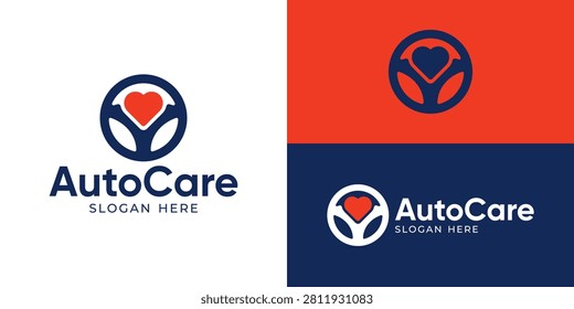 Creative simple auto care logo template. Steering wheel with love shape heart symbol car service logo design vector illustration.