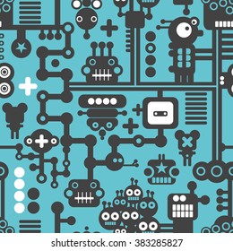 Creative Simple Background With Small Robots. Vector Seamless Pattern.