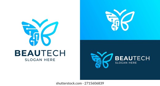 Kreative einfache beautech Logo-Vorlage. Schmetterling mit Schaltkreis-Tech-Symbol für Beauty-Tech-Logo-Design, Vektorgrafik.