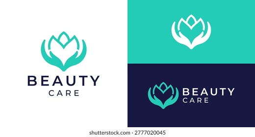 Creative simple beauty care logo template. Abstract two hand with flower spa salon skincare beauty symbol logo design vector illustration.