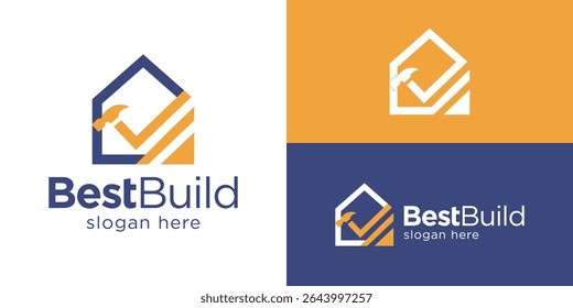 Creative simple best build logo template. Home with checkmark and hammer logo design vector illustration.