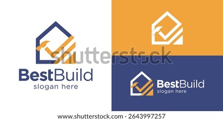 Creative simple best build logo template. Home with checkmark and hammer logo design vector illustration.