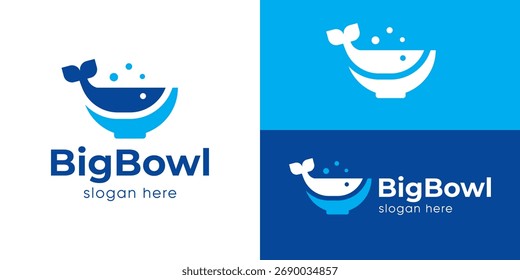 Plantilla creativa del logotipo del tazón grande simple. Ballena simple con tazón para Ilustración vectorial de diseño de logotipo de pecera.
