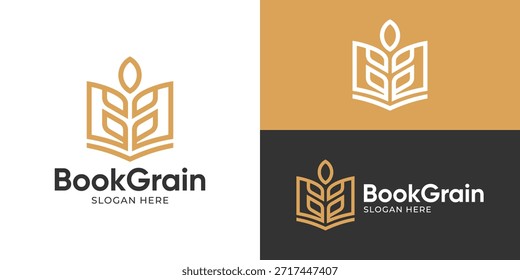 Creative simple book grain logo template. Book with wheat grain logo design vector illustration.