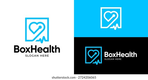 Plantilla de logotipo de salud de caja simple creativa. Caja cuadrada con pulso del estetoscopio del amor para la Ilustración vectorial médica del diseño del logotipo.