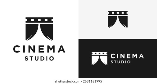 Creative simple cinema studio logo template. Stage curtain with film strip logo design vector illustration.
