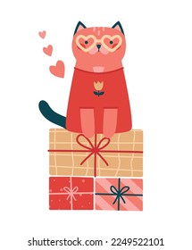 Creative simple clipart with cute cat in glasses with heart sitting on gifts. Kawaii illustration for Valentine's Day, Happy Birthday card, sticker, banner. Modern flat print with kid's drawing pet.
