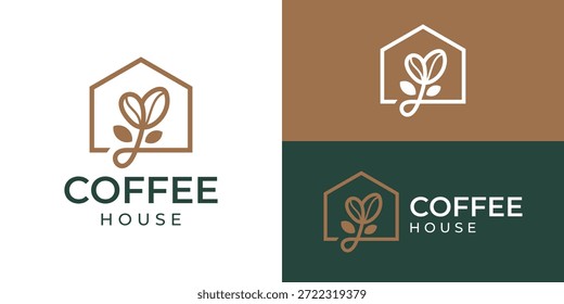 Plantilla de logotipo de cafetería simple creativa. Grano de café y planta con casa para la Ilustración vectorial de diseño del logotipo de la cafetería.