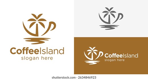 Creative simple coffee island logo template. Coffee cup with palm tree and wave logo design vector illustration.