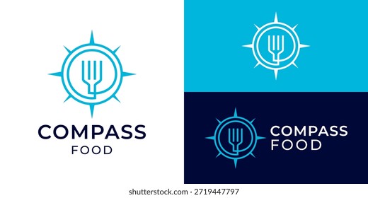 Plantilla creativa del logotipo de la comida de la brújula simple. Horquilla con Ilustración vectorial de diseño de logotipo de brújula.