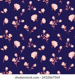 Creative simple cute rosebuds, roses seamless pattern on the dark blue background. Vector hand drawn sketch abstract ditsy tiny flowers. Collage template for printing, patterned, textile, fabric