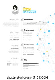 Creative simple cv template with blue and grey circles and dots on web.